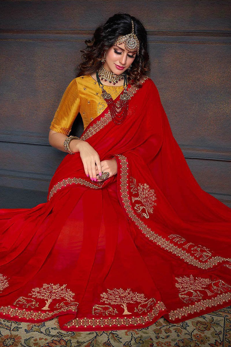 Candy Red and Mustard Yellow Embroidered Designer Fancy Saree