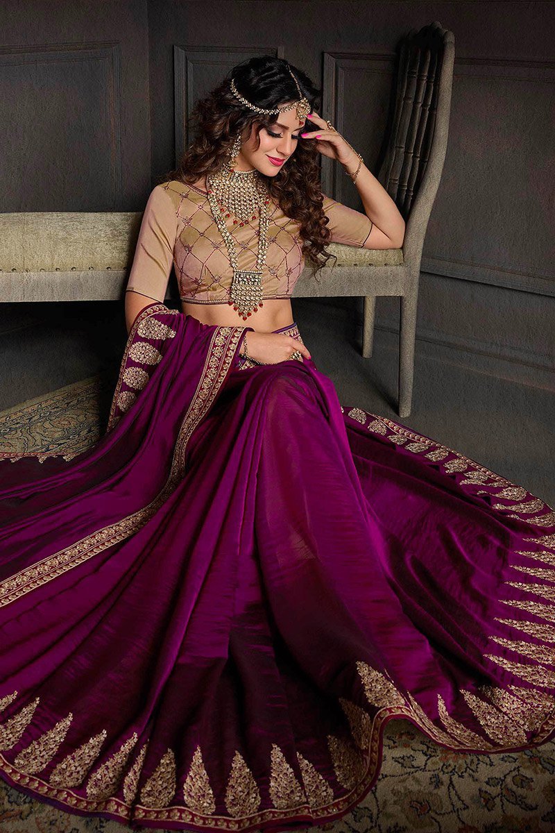 Grape and Gray Embroidered Designer Fancy Saree