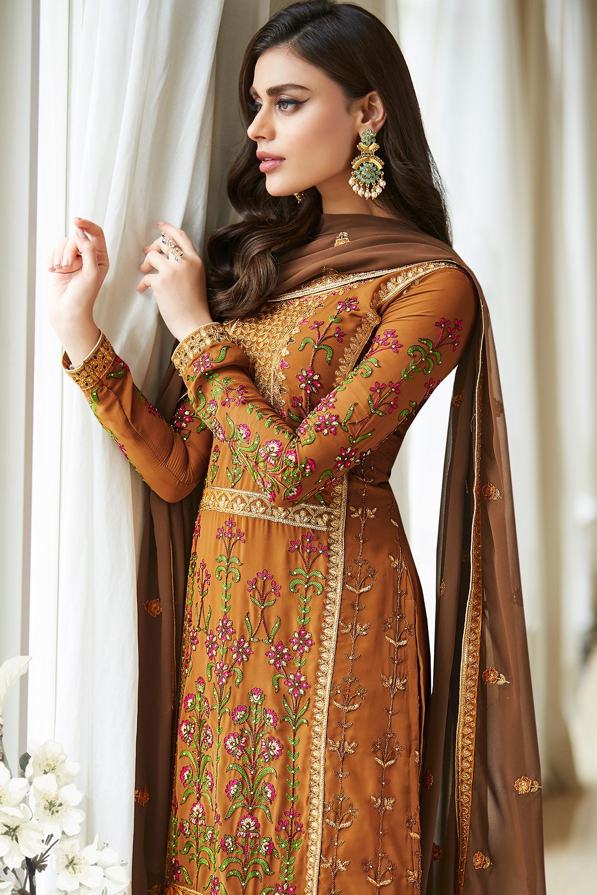 Light brown Designer Georgette Straight Suit