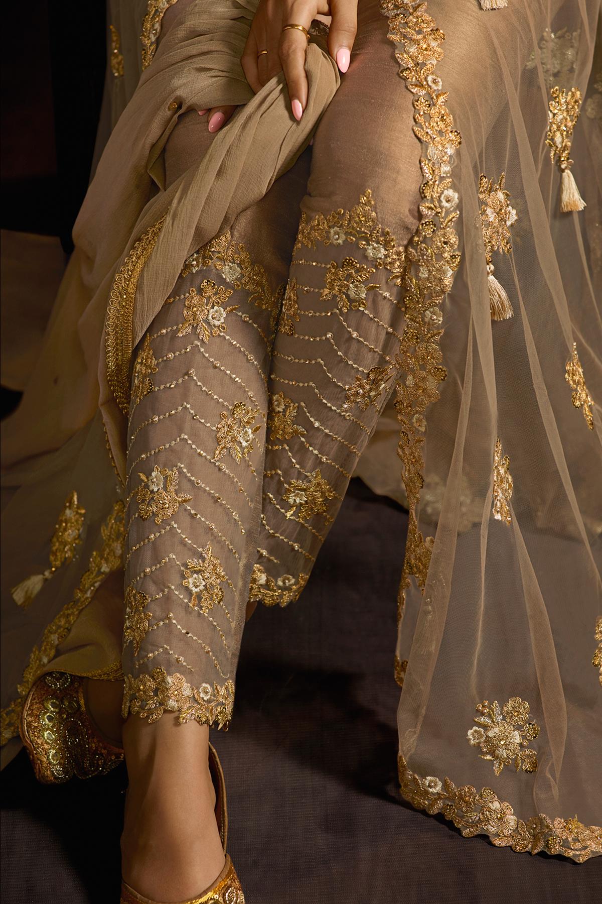 Light Brown Designer Net Anarkali Suit