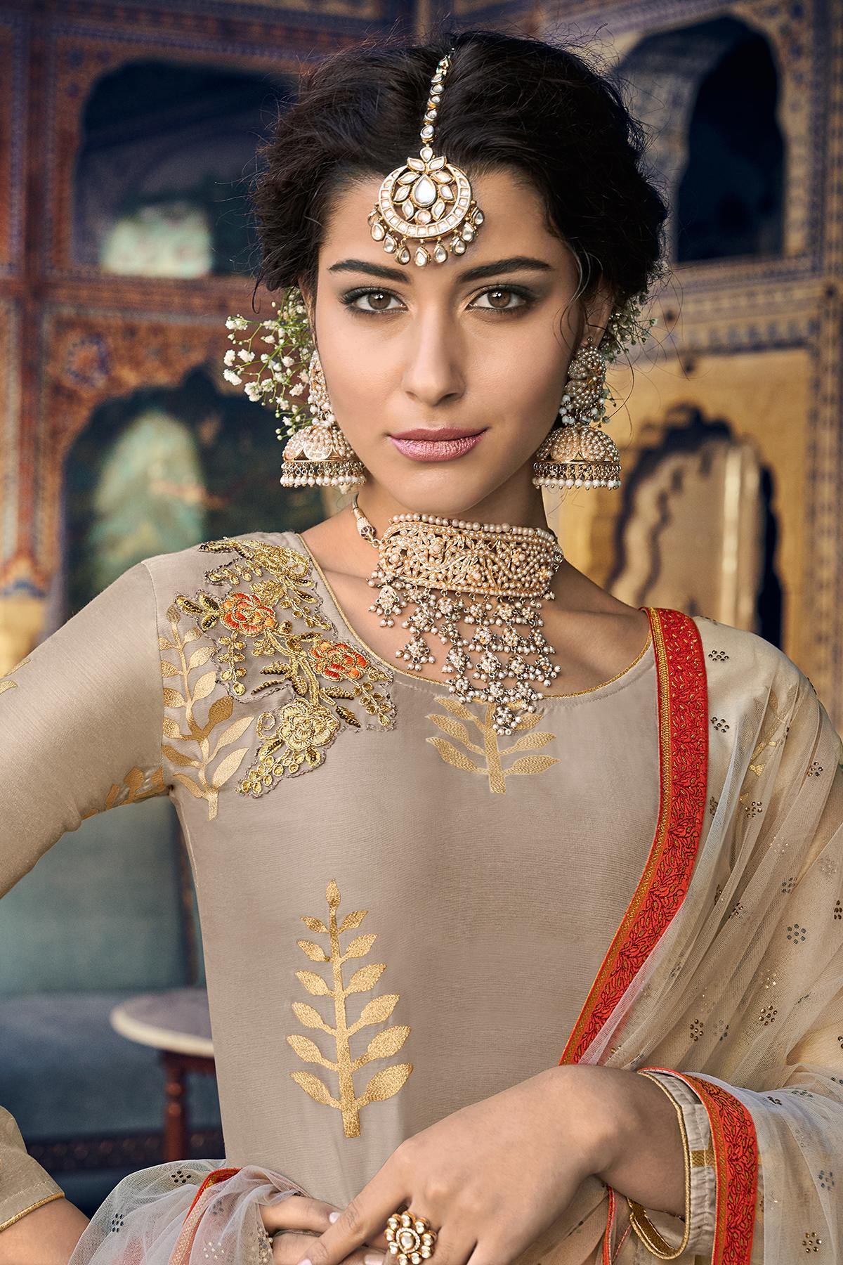 Light Coco Designer Chanderi Silk Suit Palazzo Suit