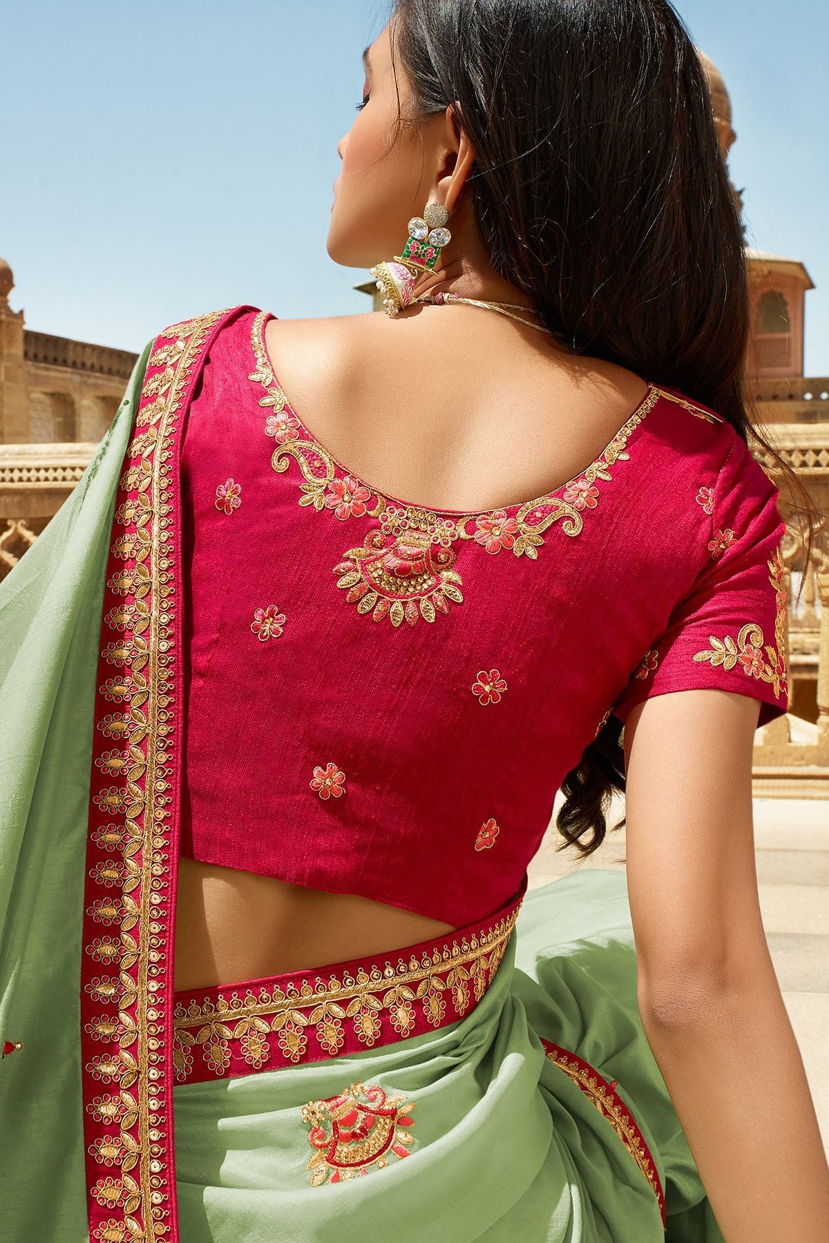 Light Green and Red Dola Silk Sari