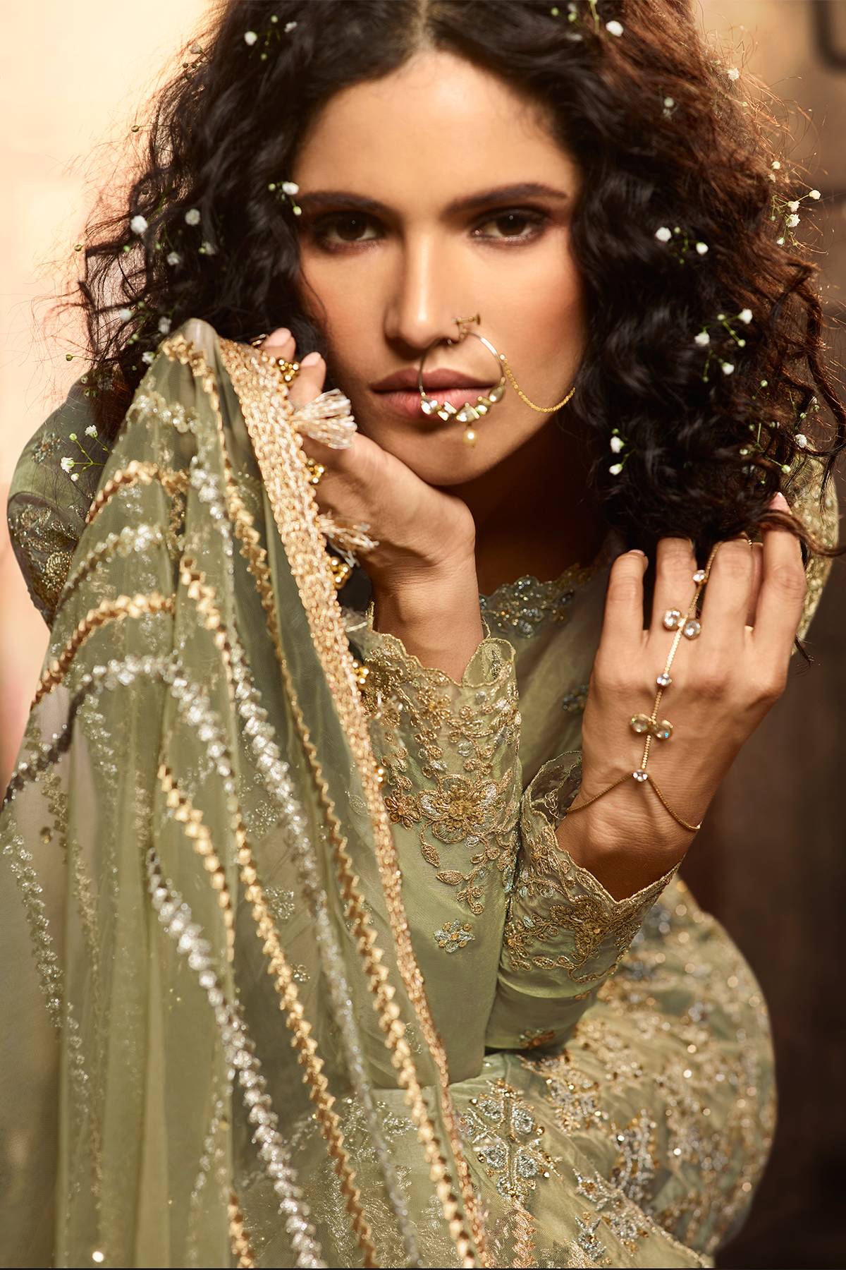 Light Olive Net Lehenga Choli Set