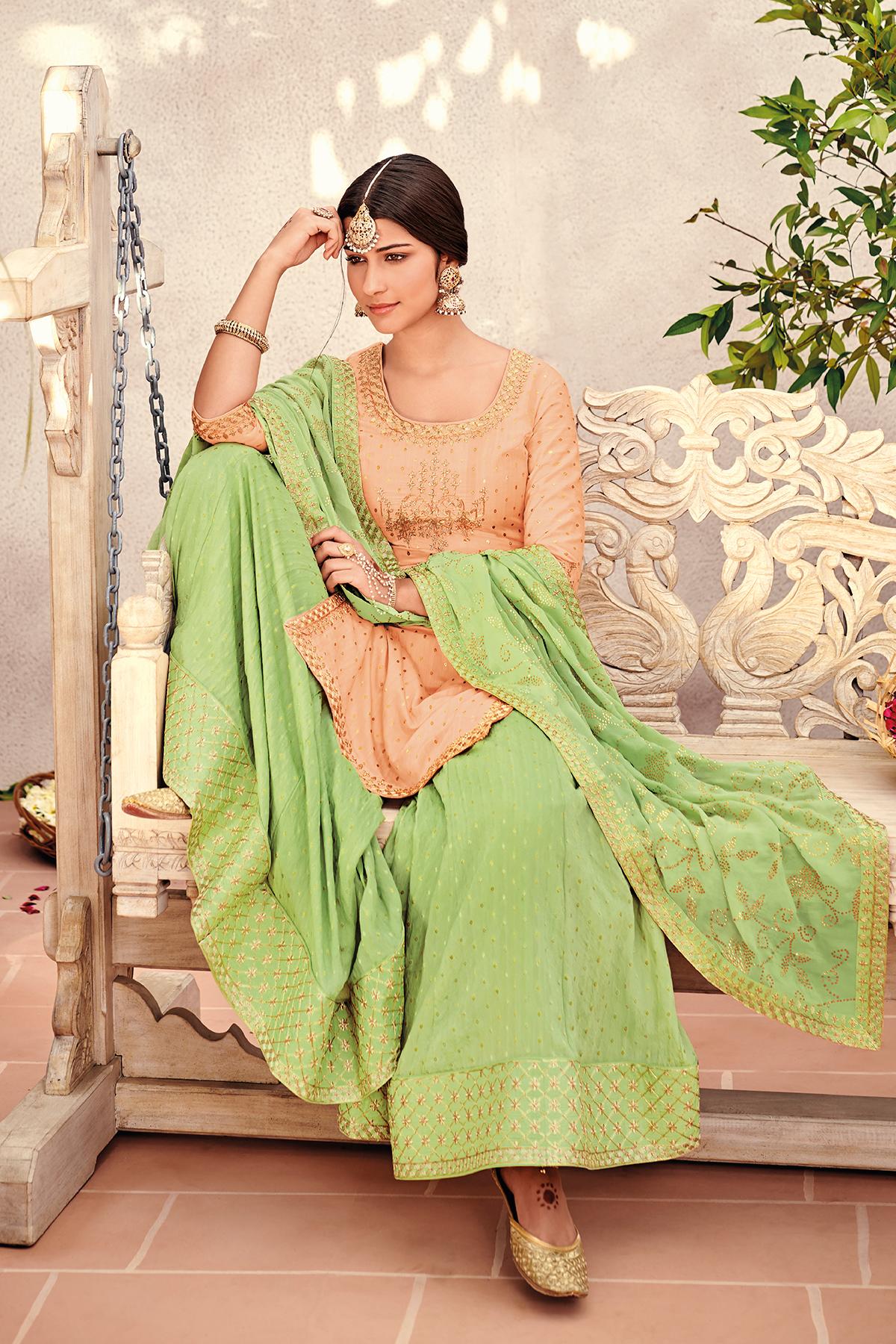 Light Peach And Mint Green Designer Palazzo Suit