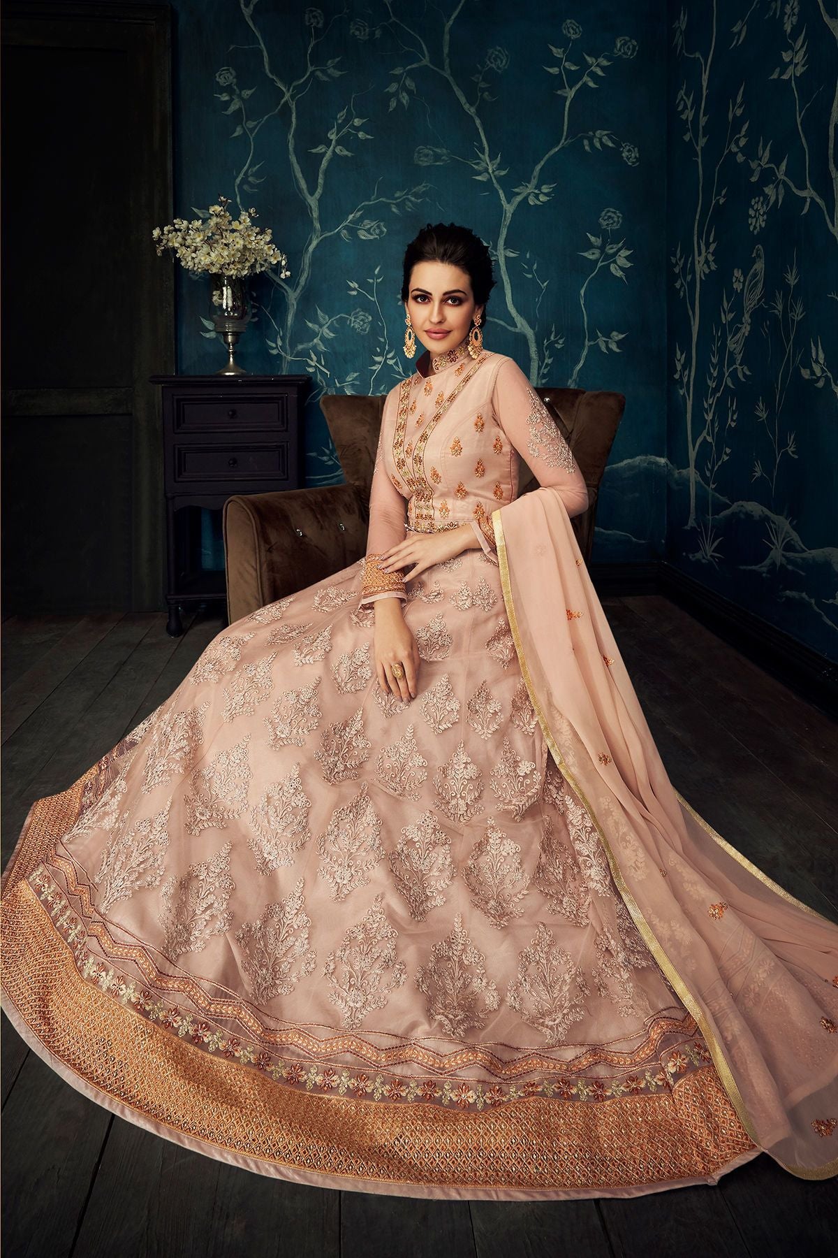 Light Peach Embroidered Party Wear Anarkali Suit