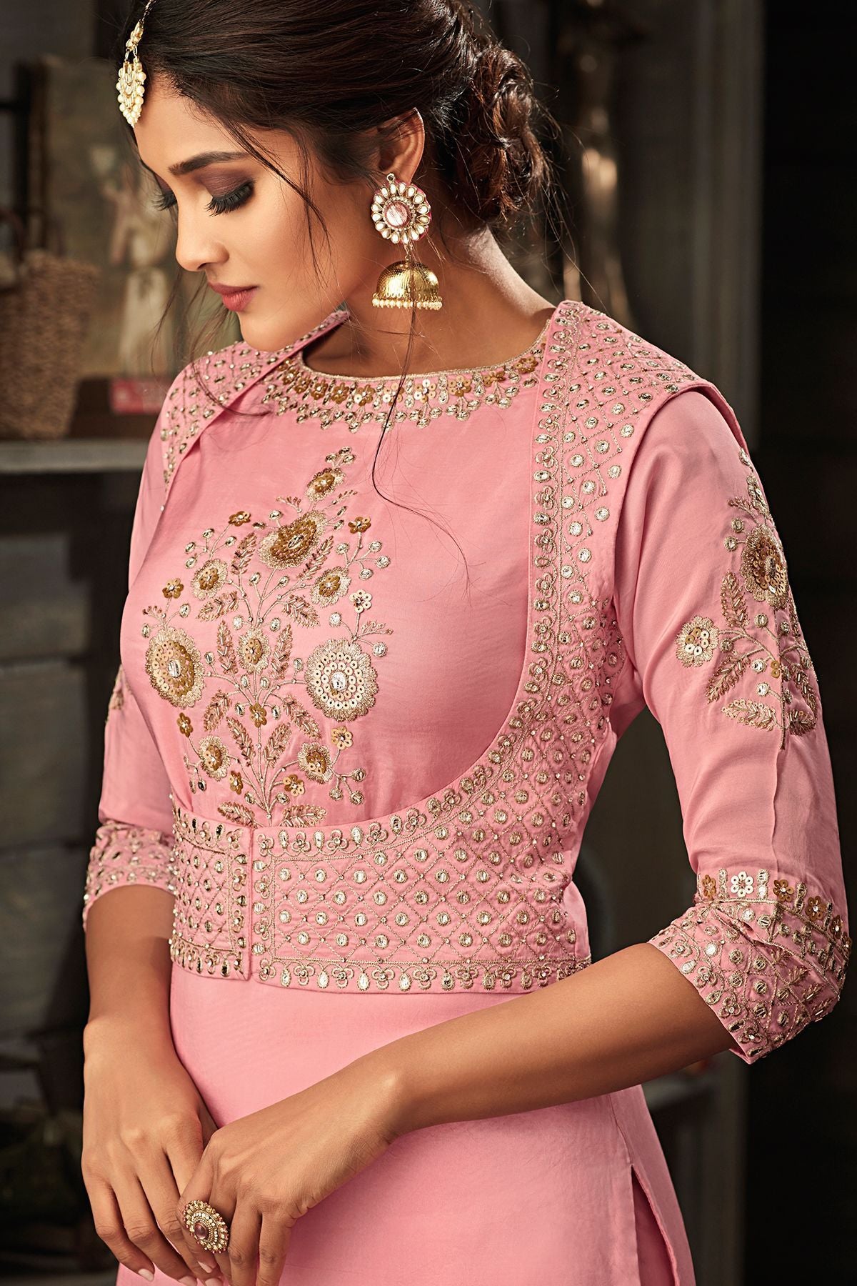Light Pink Embroidered Party Wear Palazzo Suit
