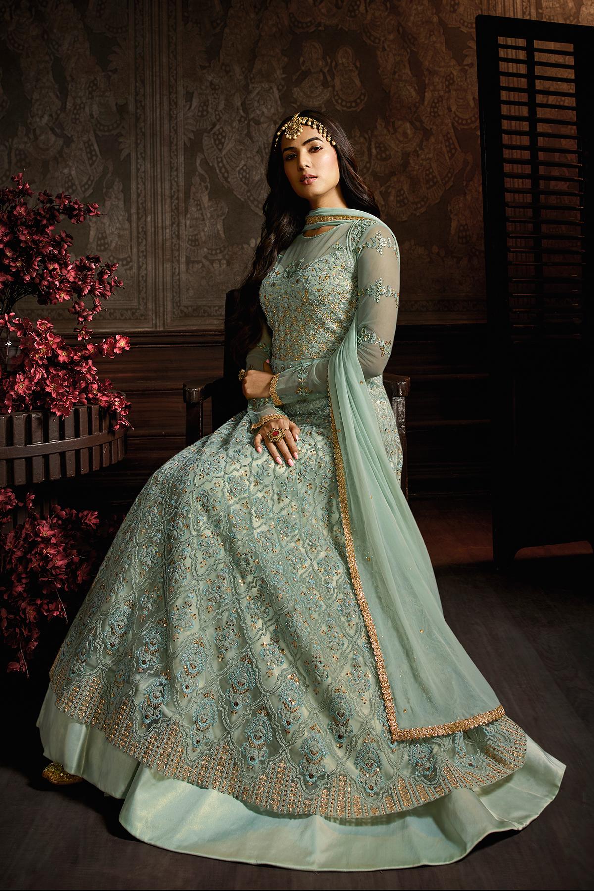 Light Teal Blue Designer Net Anarkali Suit
