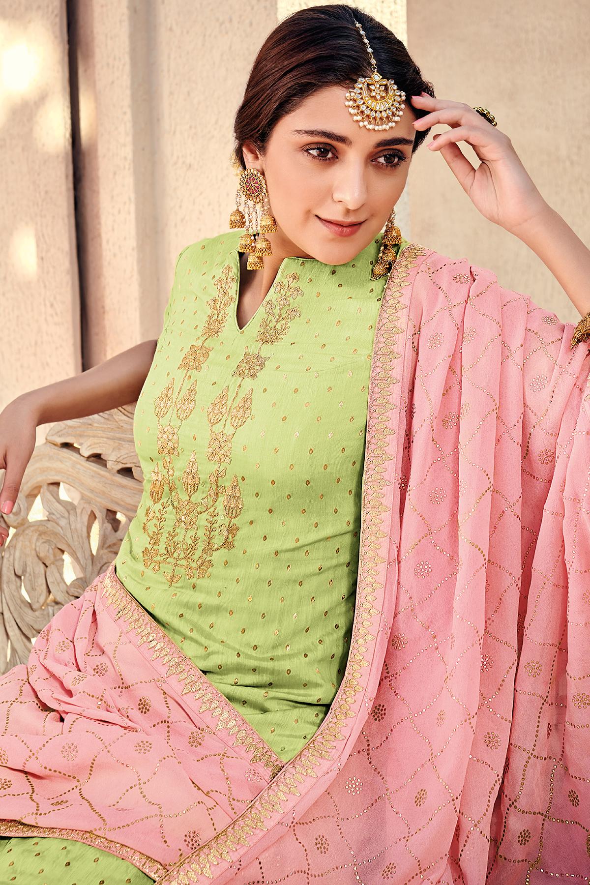 Lime Green And Baby Pink Designer Palazzo Suit