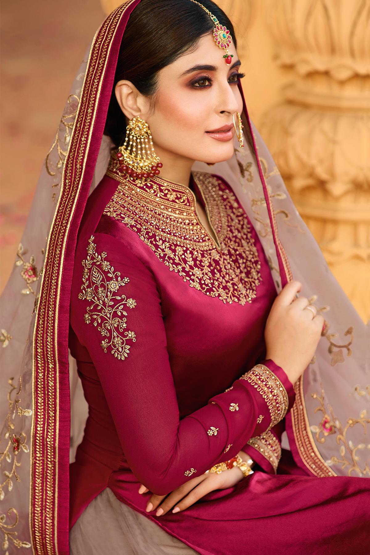 Magenta and Mauve Georgette Lehenga Style Suit