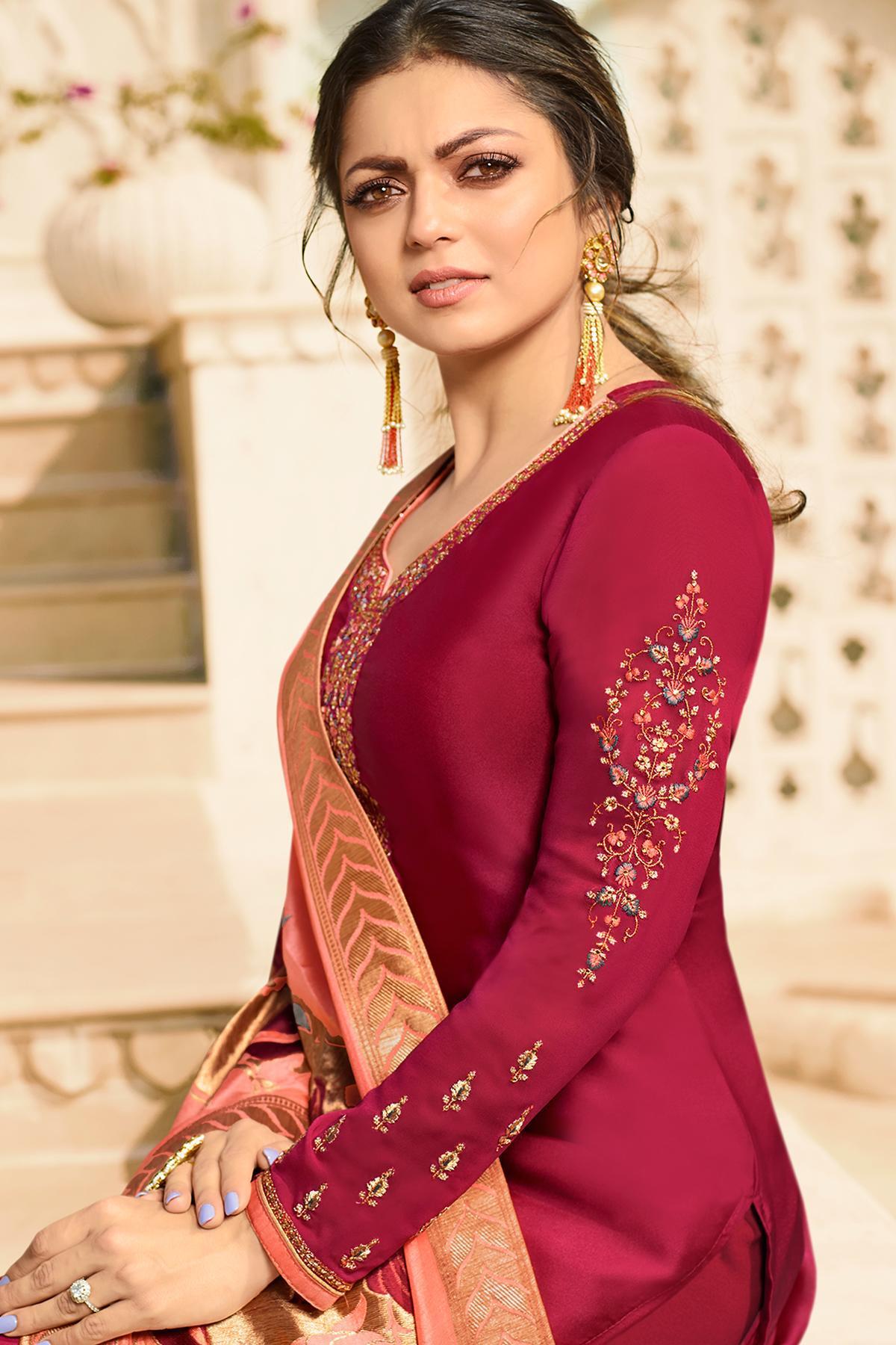 Magenta Designer Embroidered Straight Suit