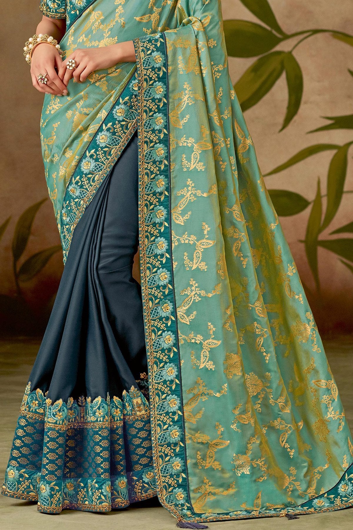 Blue and Gray Silk Saree with Silk Blouse