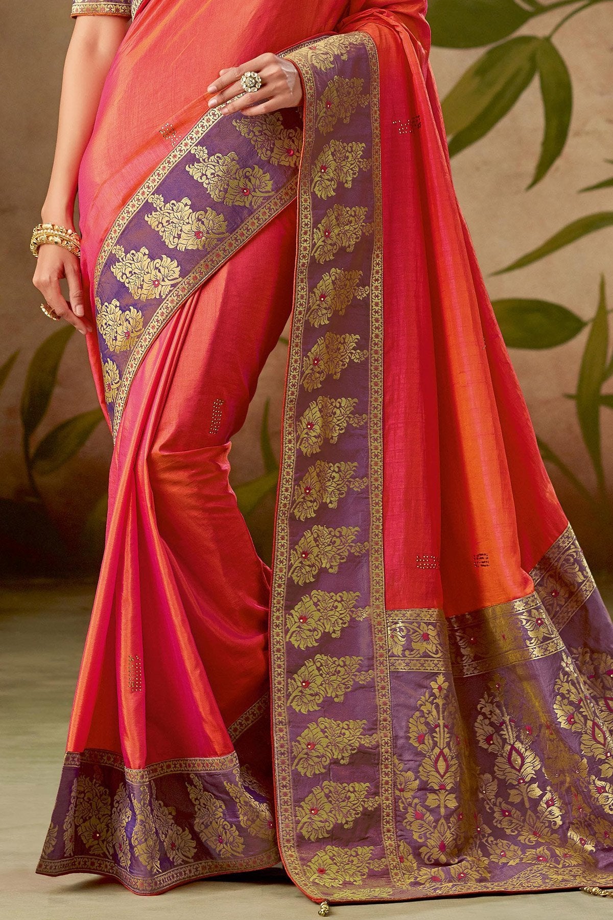 Orange Silk Saree with Purple Paluu and Silk Blouse