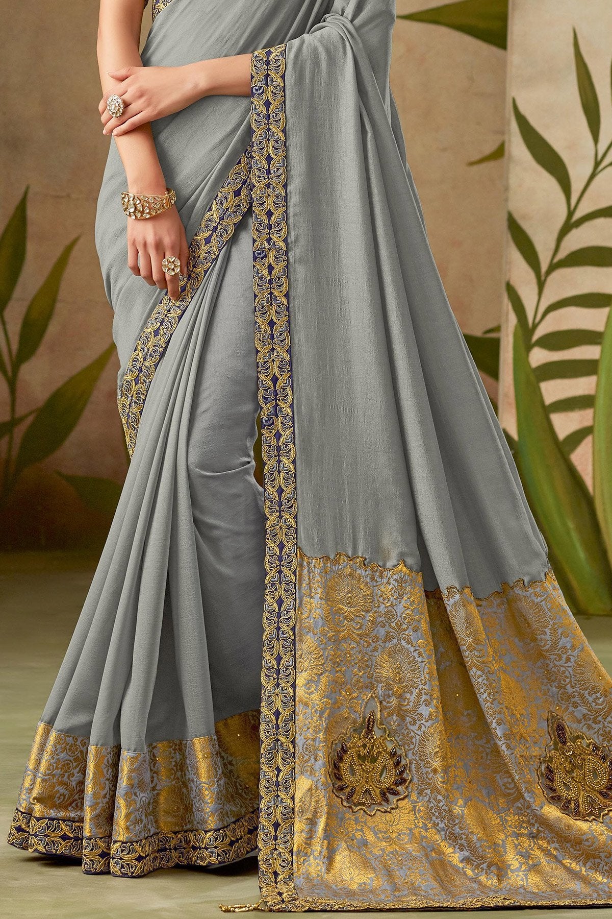 Designer-made Gray Silk Saree with Silk Blouse
