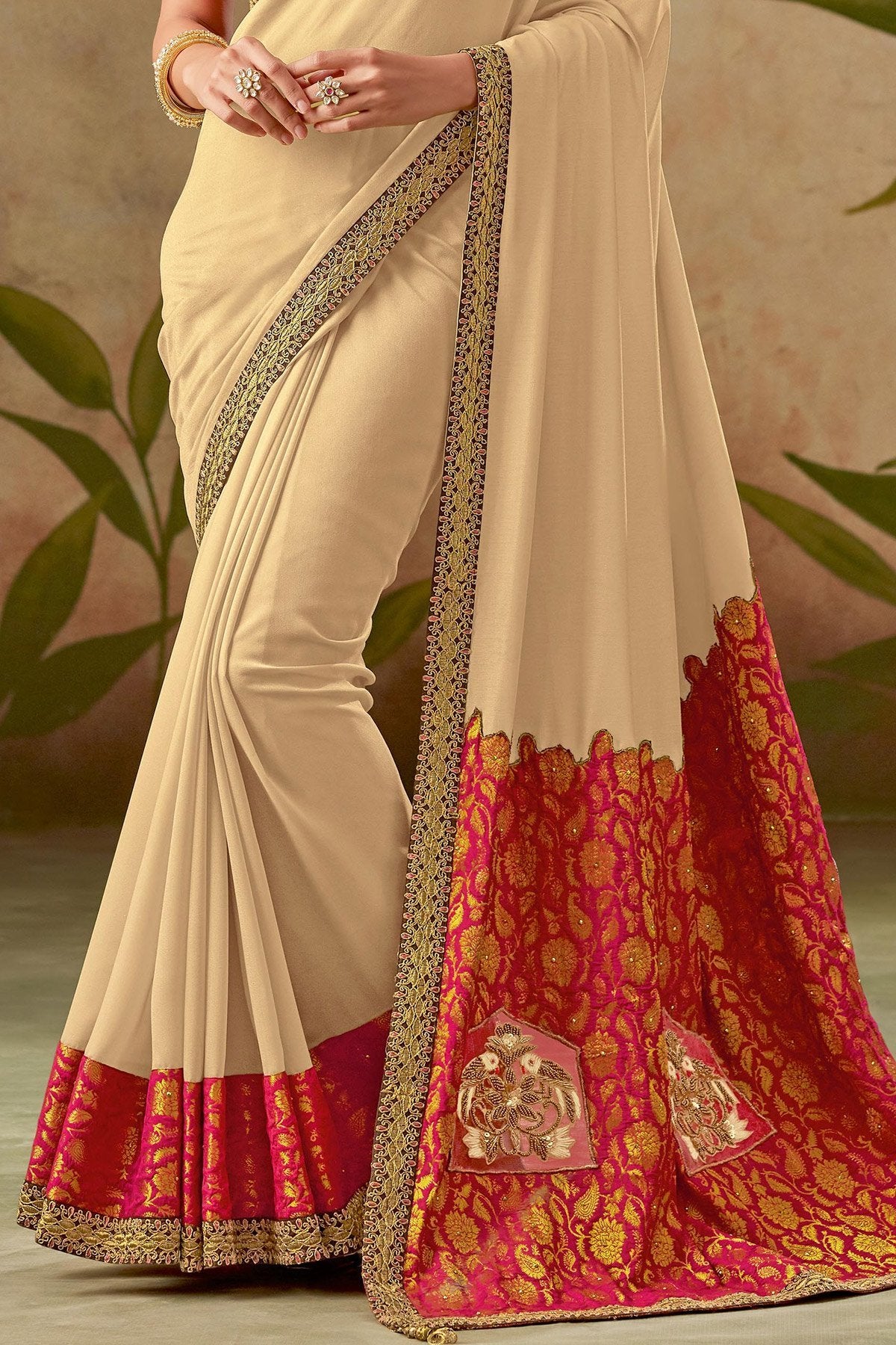 Biege and Red Silk Saree with Silk Blouse
