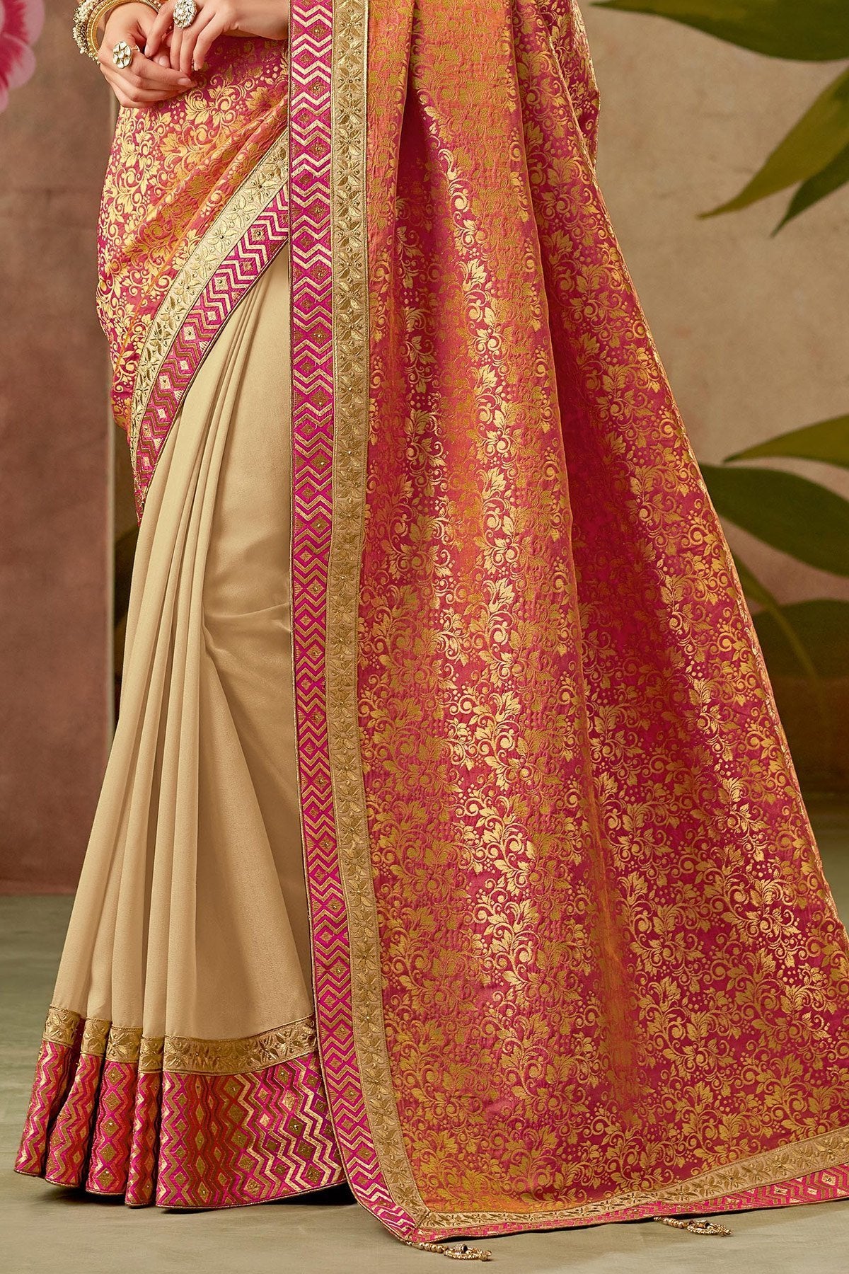 Orange and Biege Silk Saree with Silk Blouse