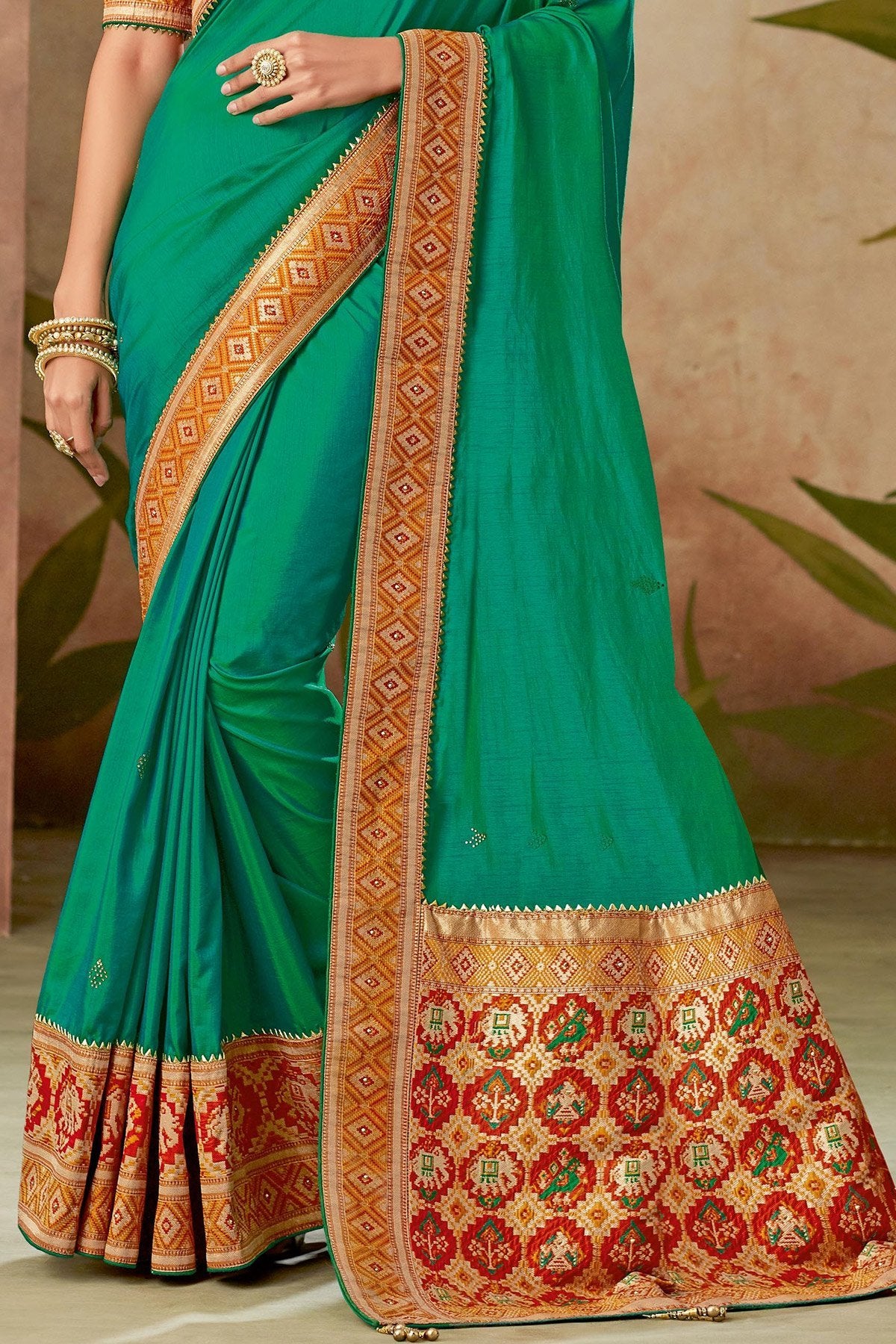 Green and Red Silk Saree with Silk Blouse