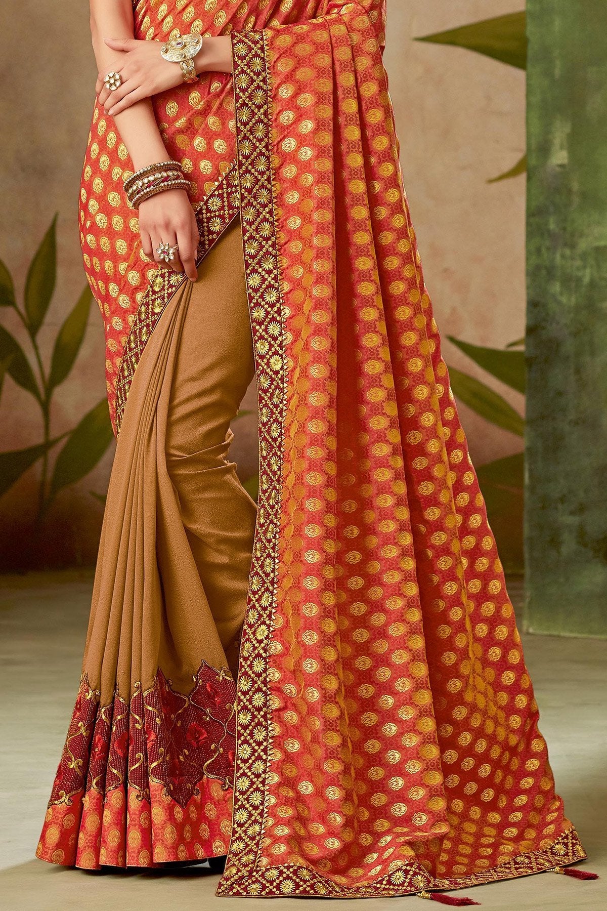 Brown and Red Silk Saree with Silk Blouse