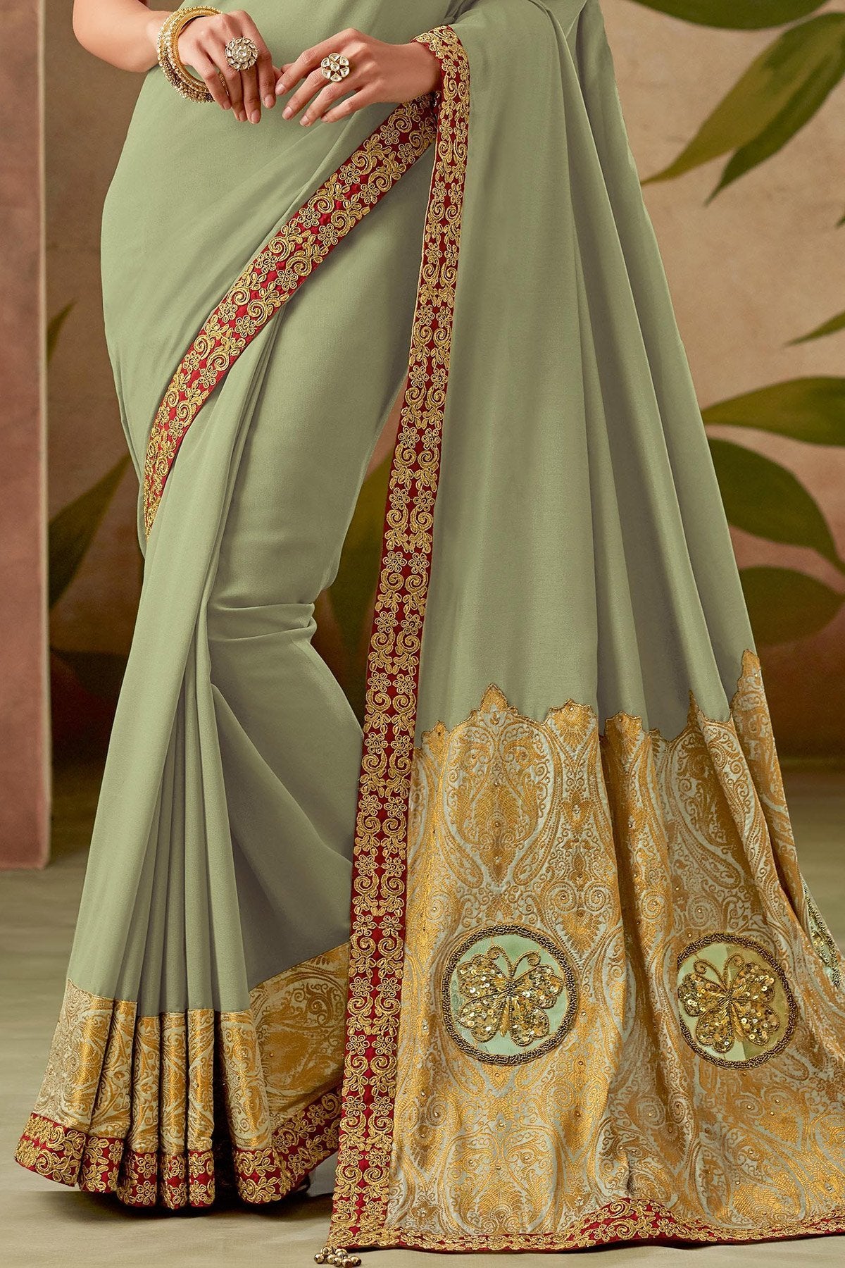 Green and Yellow Silk Saree with Silk Blouse