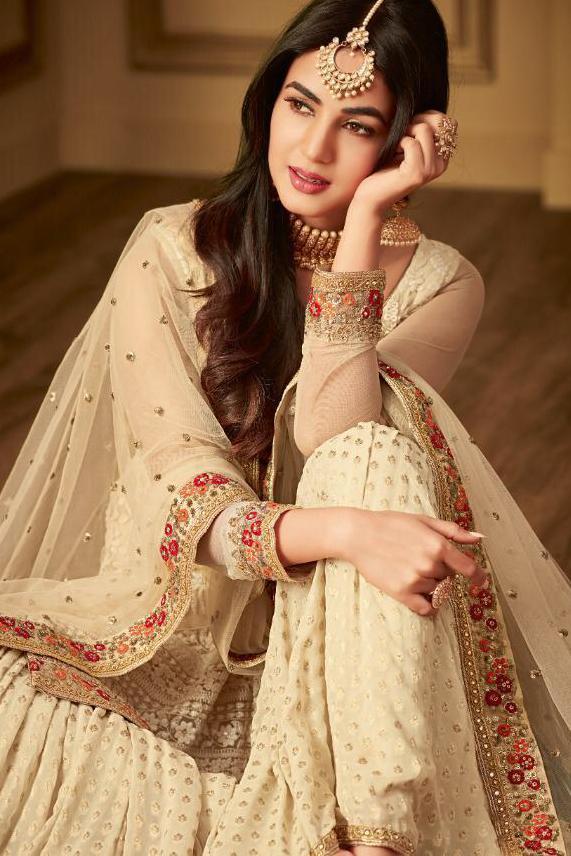 Cream Crush Traditional Embroidered Plaited Palazzo Suit