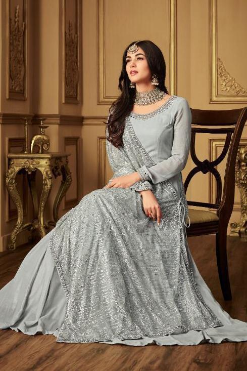 Grey Glammed Minimalist Embroidered Flared Anarkali Suit