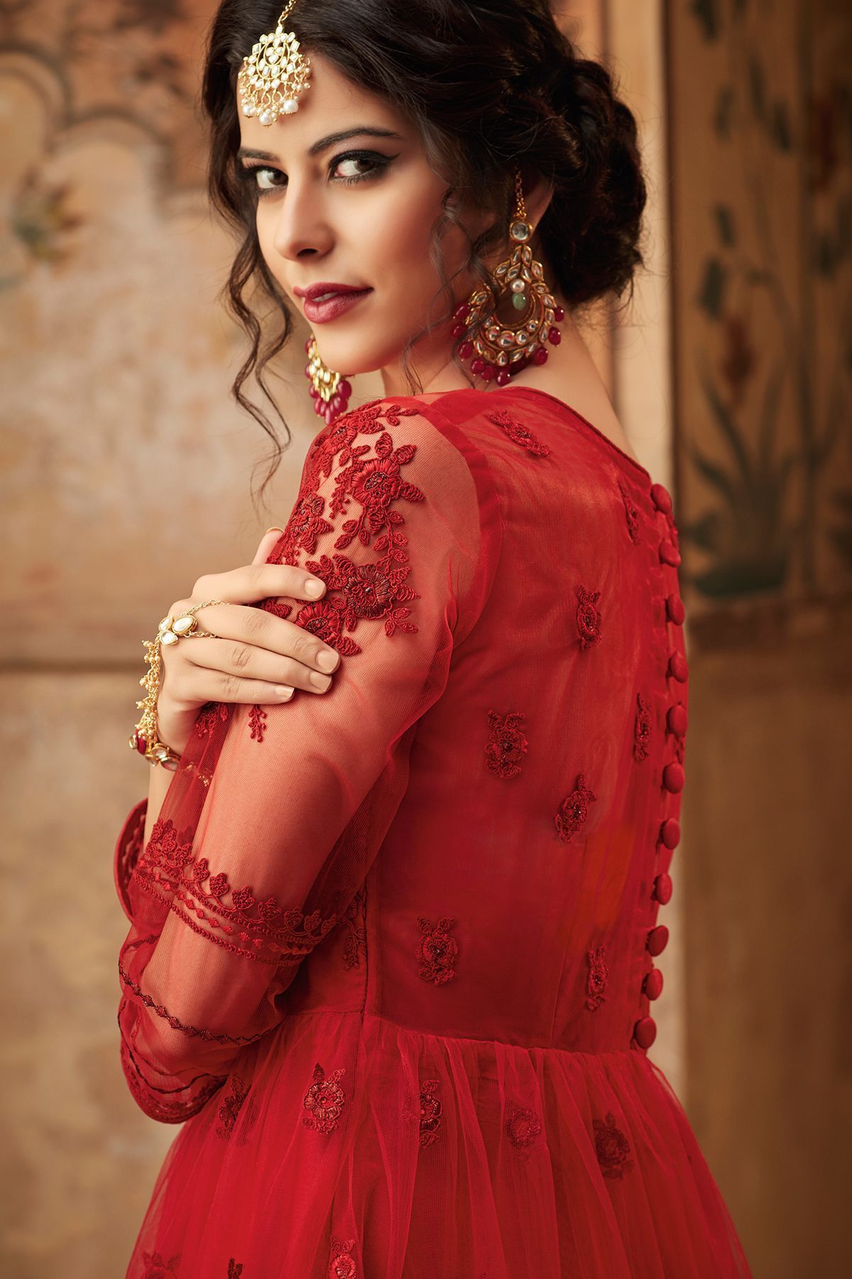 Maroon Net Embroidered palazzo Suit