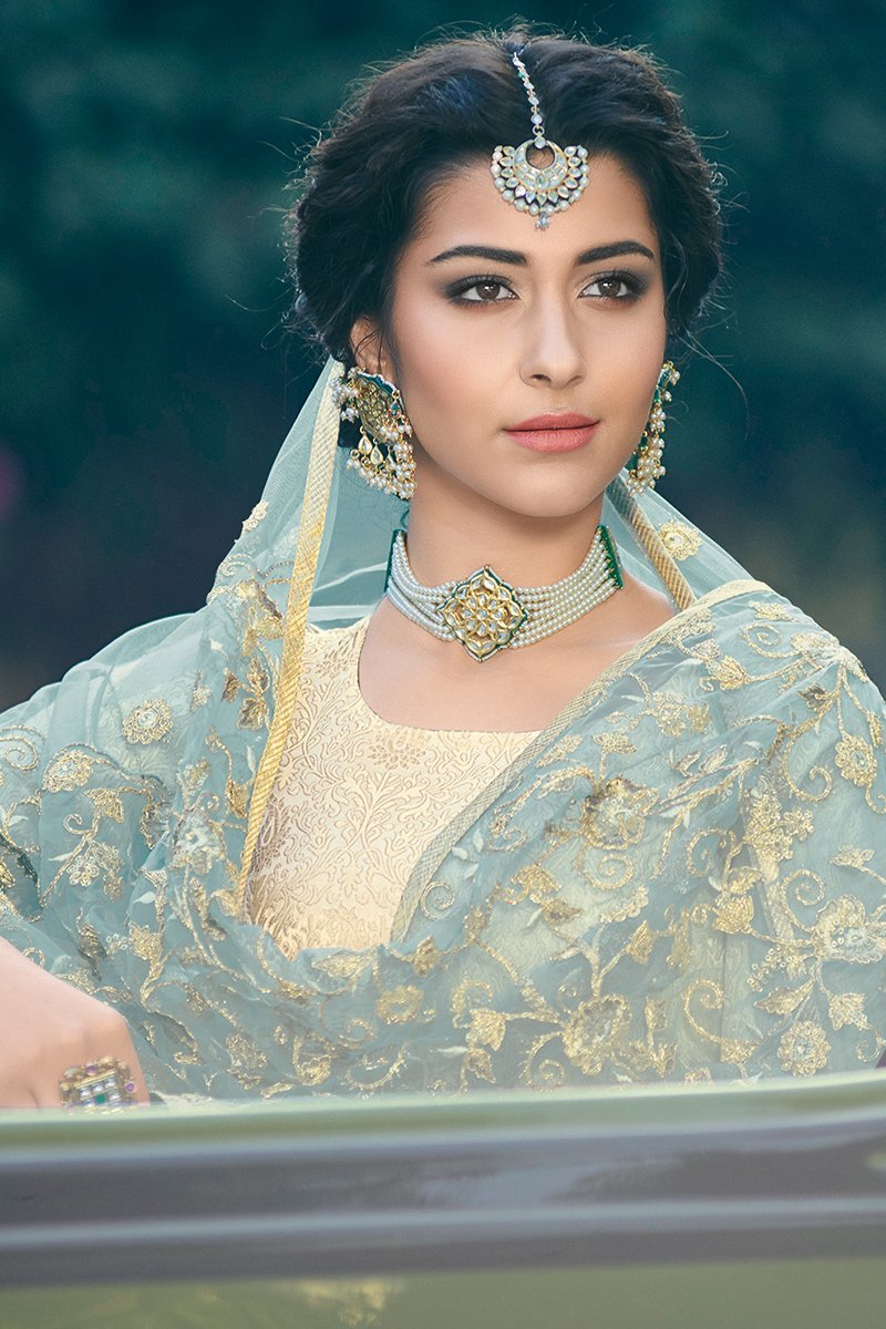 Cream Embroidered Party Wear Suit