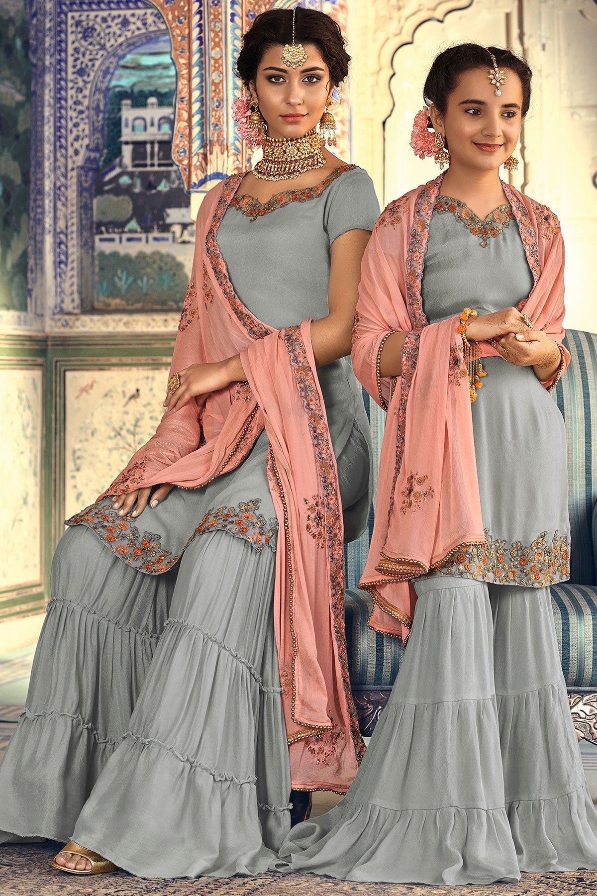 Peach and Gray Party Wear Sharara suit