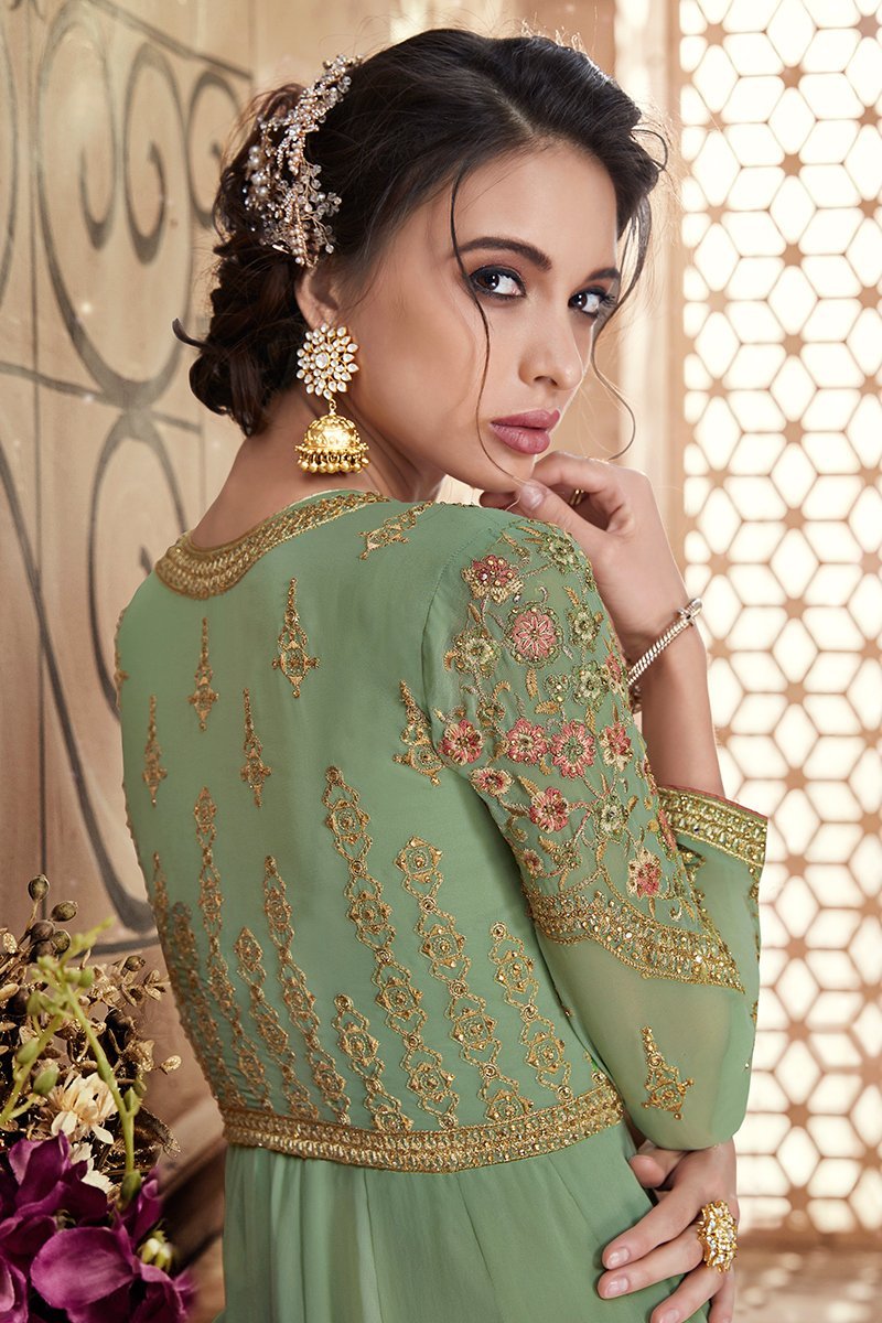 Pista Green Multi Embroidered Party Wear Anarkali Suit