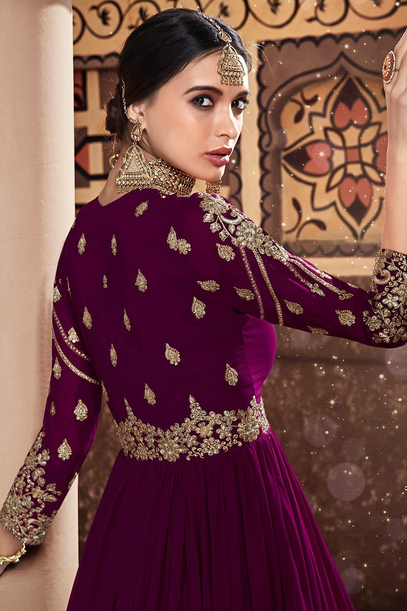 Plum Purple Multi Embroidered Party Wear Anarkali Suit