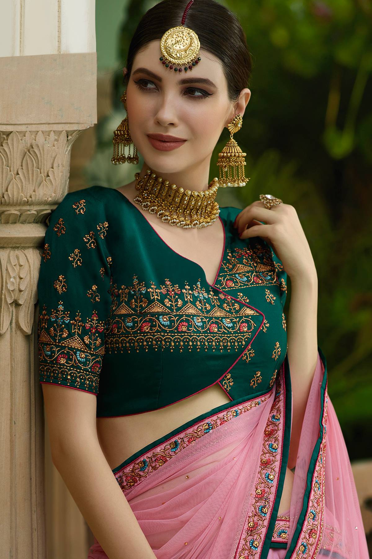 Mauve and Pine Green Designer Silk Lehenga Choli