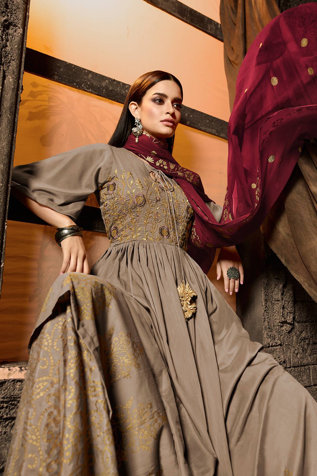 Metallic Grey Designer Palazzo Suit