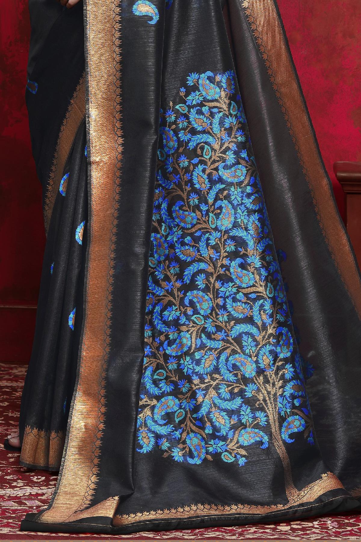 Midnight Black Designer Silk Sari