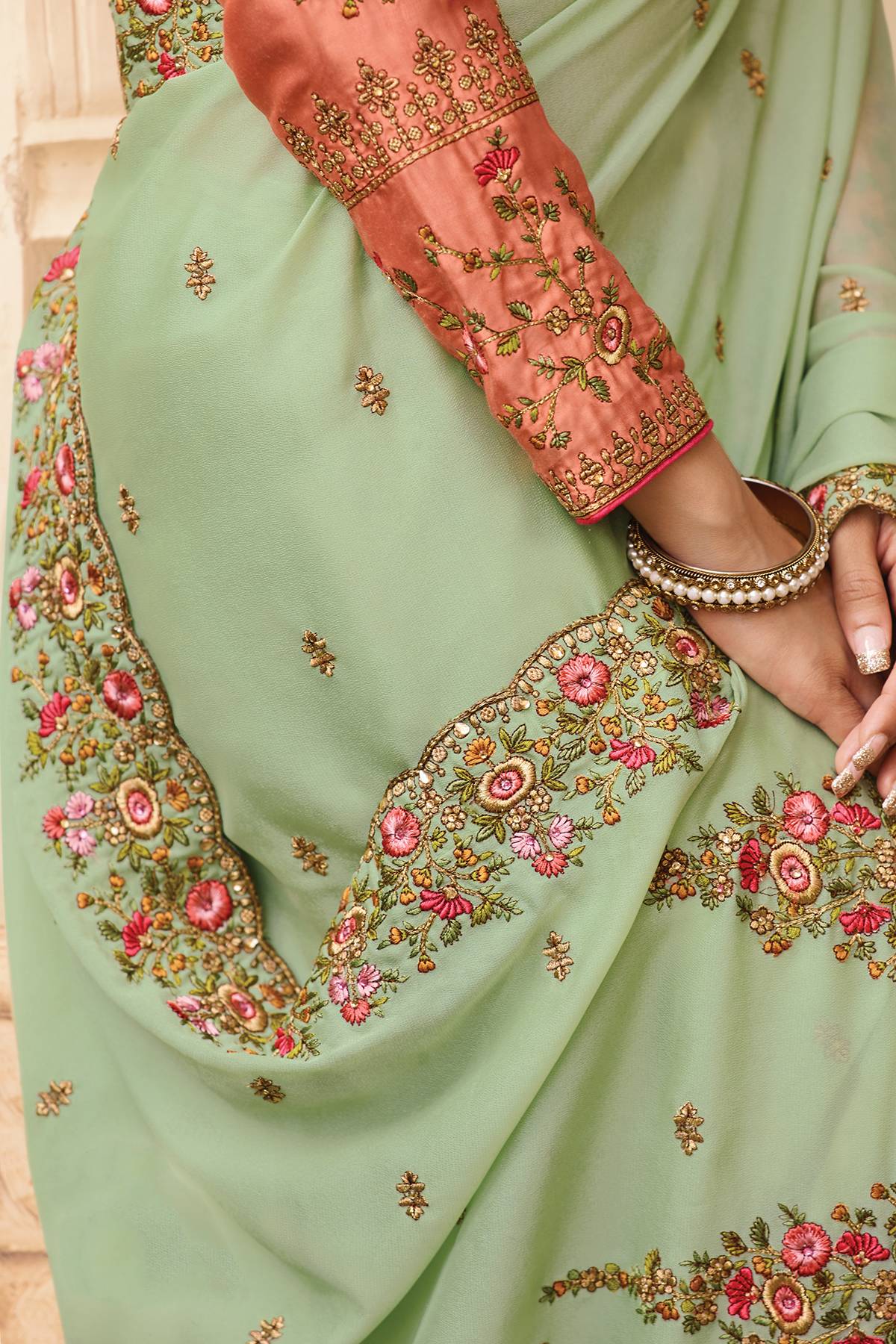 Mint Green and Peach Designer Silk Sari