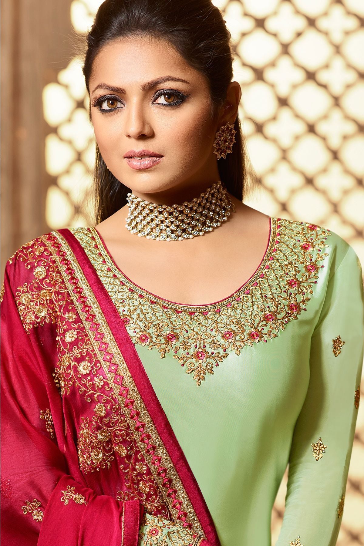 Mint Green And Red Designer Lehenga Kurti Set