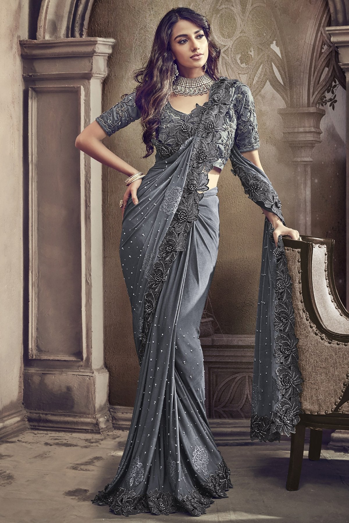 Grey Designer Party Wear Silk Saree