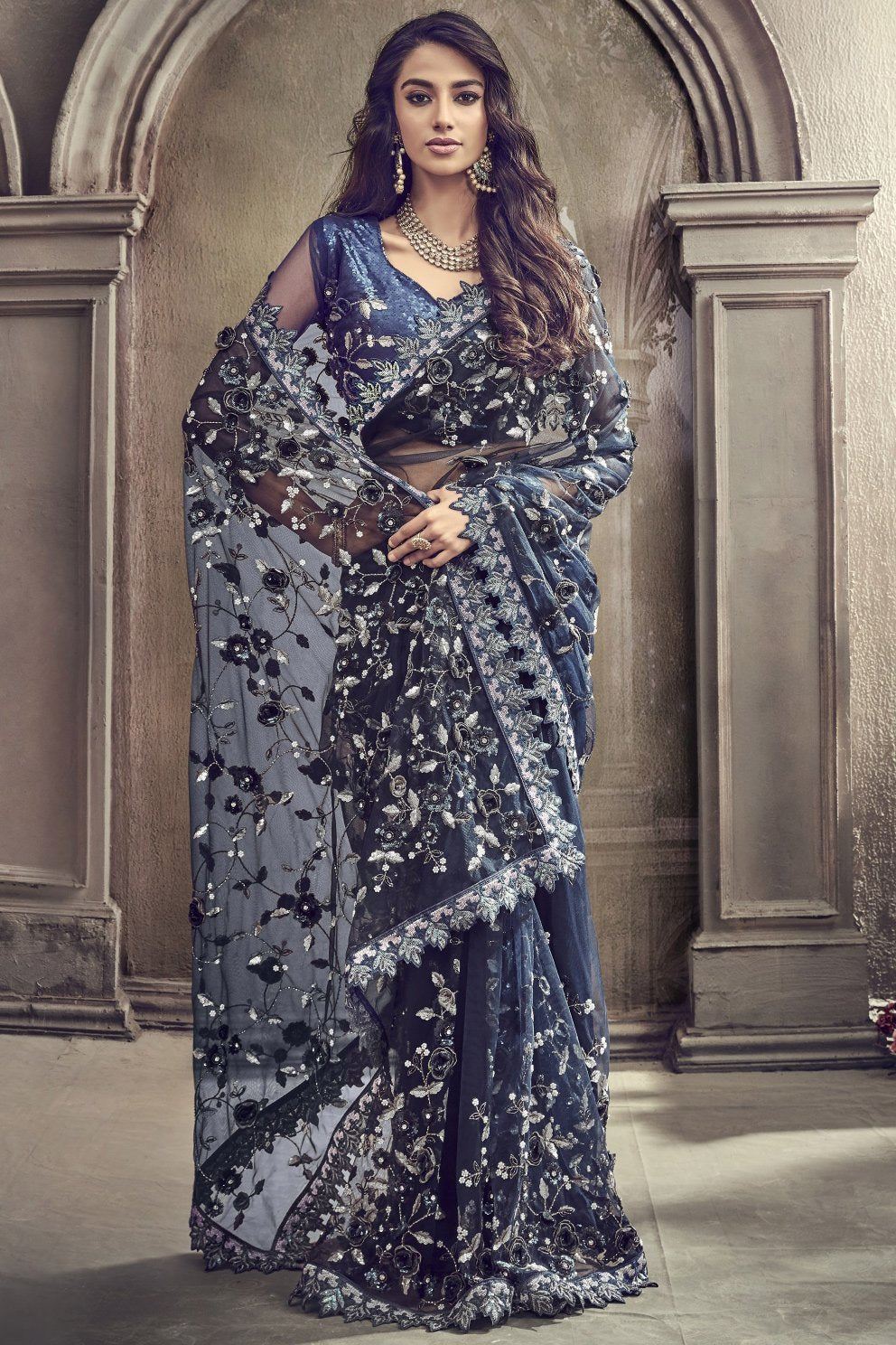 Navy Blue net Designer Party Wear Saree