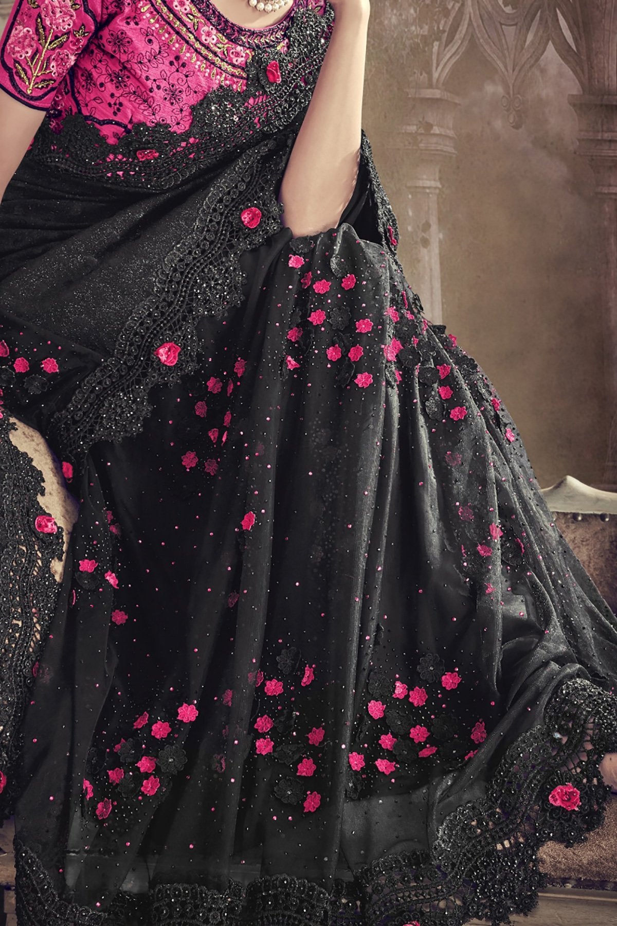 Black and Pink Designer Party Wear Silk Saree
