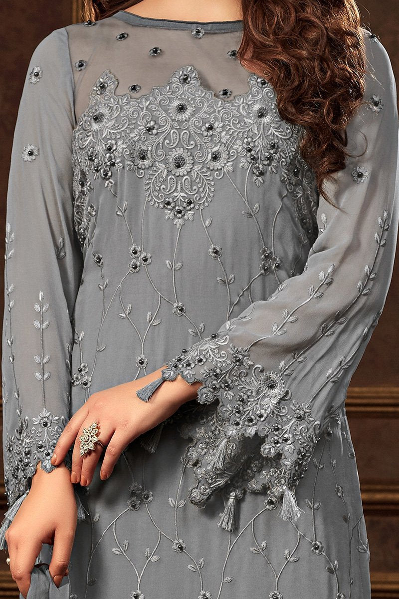 Stone-Blue Georgette suit featuring Pom Poms