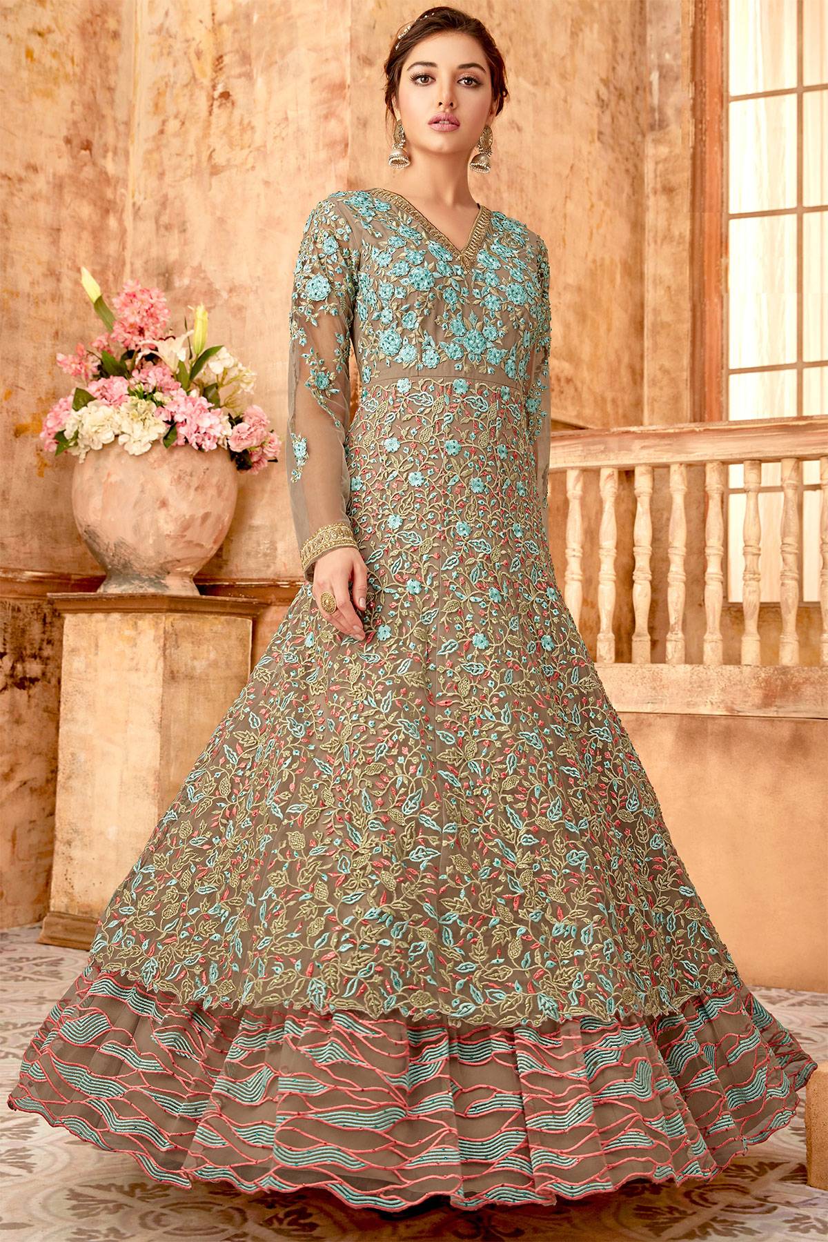 Mouse Brown Designer Party Wear Anarkali Suit
