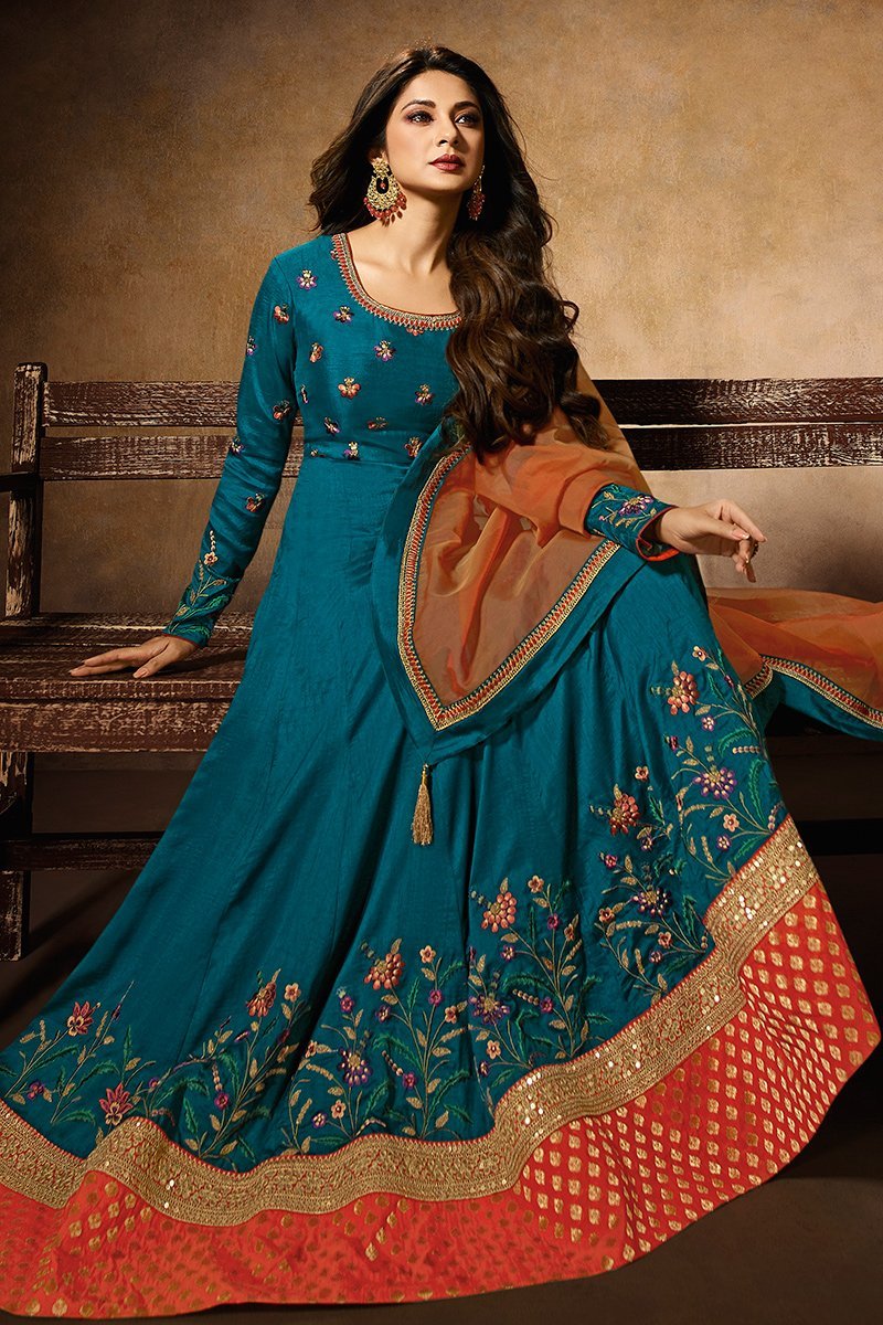 Blue and Orange Party Wear Anarkali Style Suit