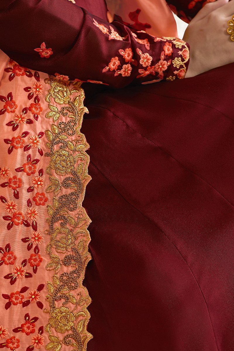 Maroon Silky Georgette Anarkali Suit With Resham Embroidery