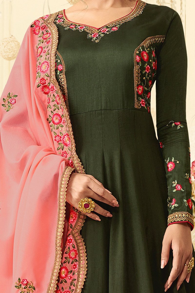 Forest-Green Pure Silk Anarkali suit