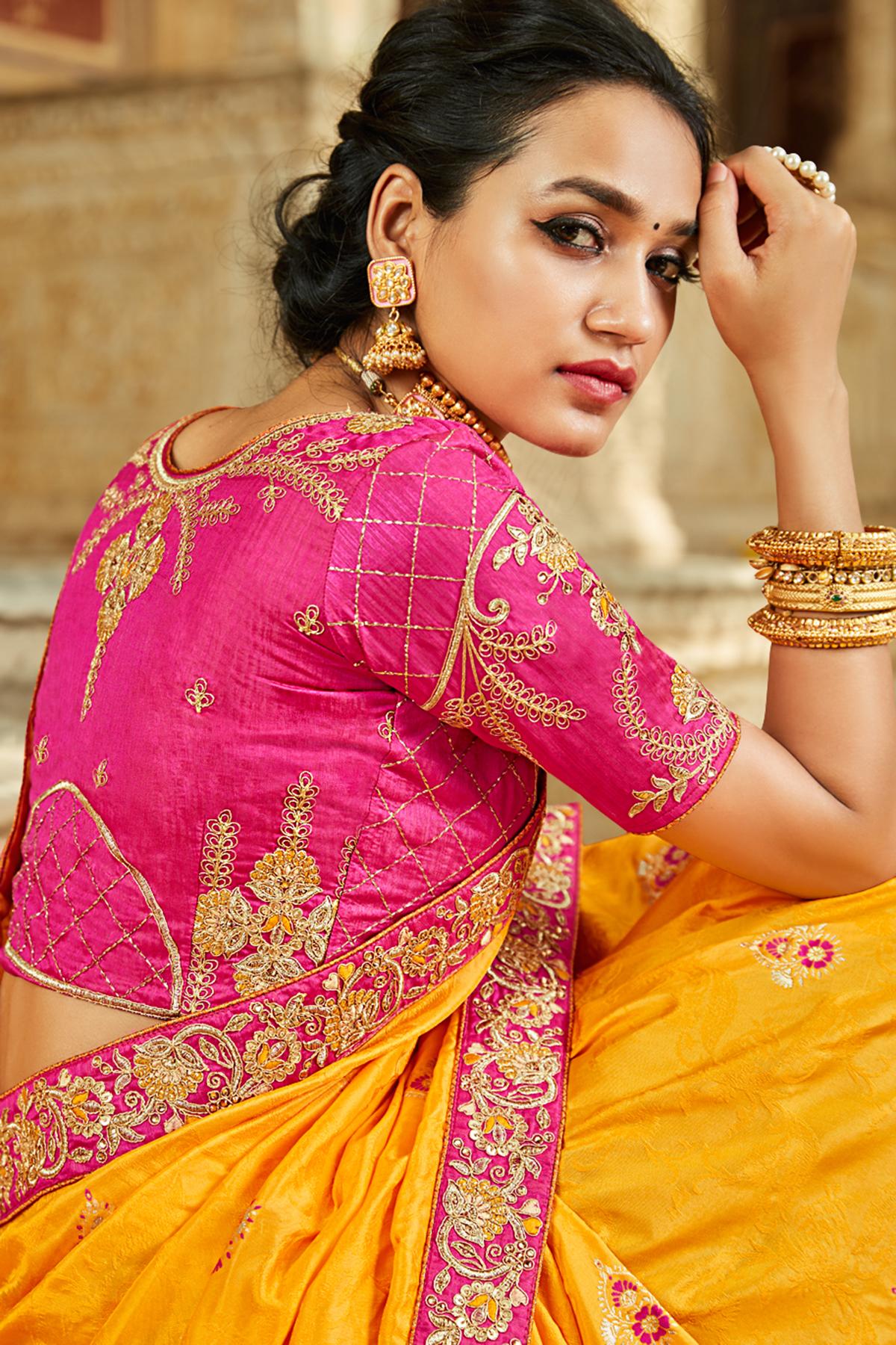 Mustard And Pink Banarasi Silk Sari