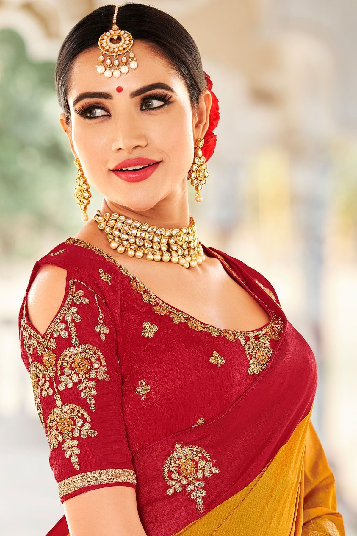 Mustard and Scarlet Red Designer Sari