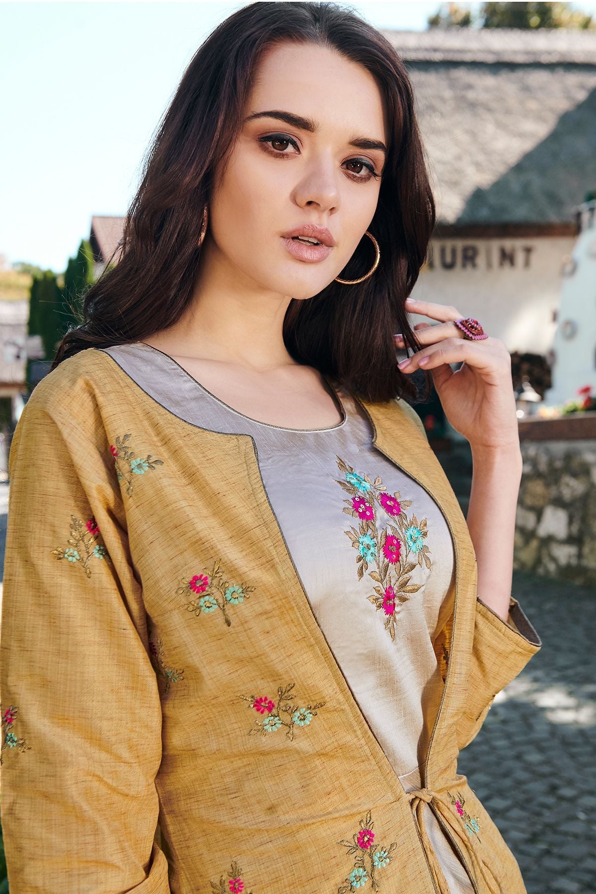 Mustard and Silver Designer Silk Gown