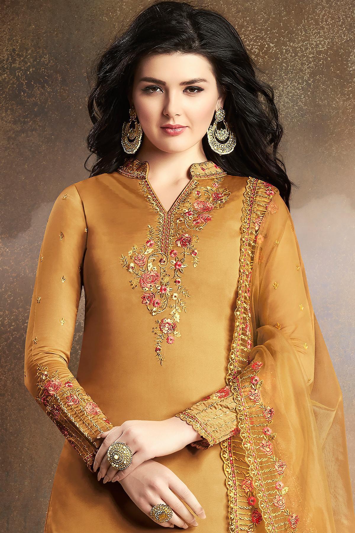 Mustard Designer Embroidered Silk Sharara Suit