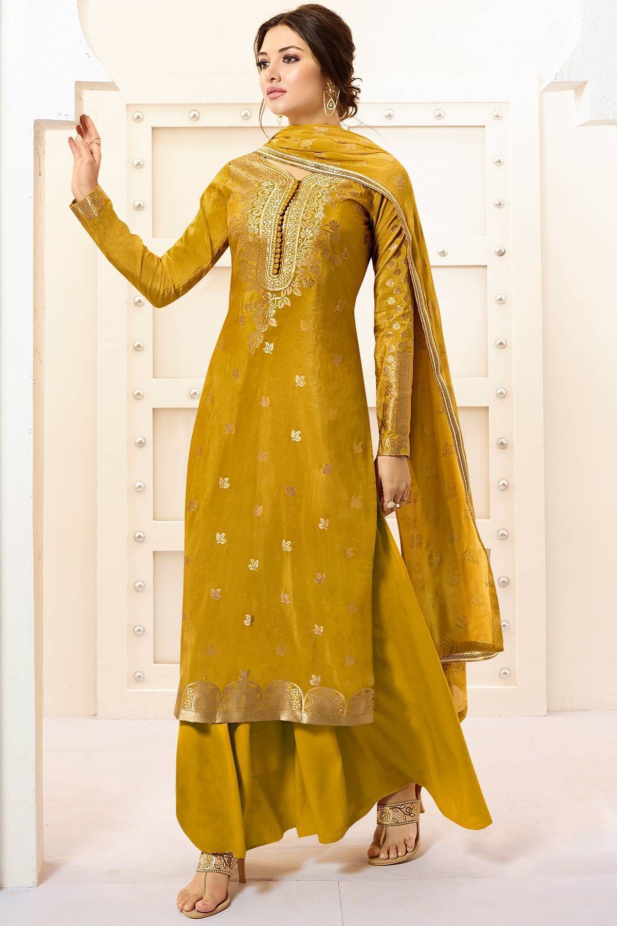 Mustard Designer Silk Palazzo Suit