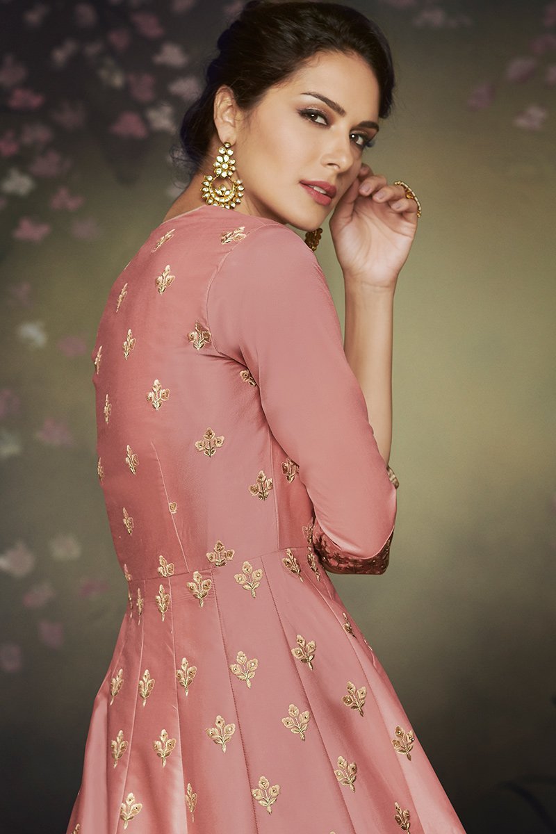 Pink and Beige Net and Satin Silk Gown with Jacket