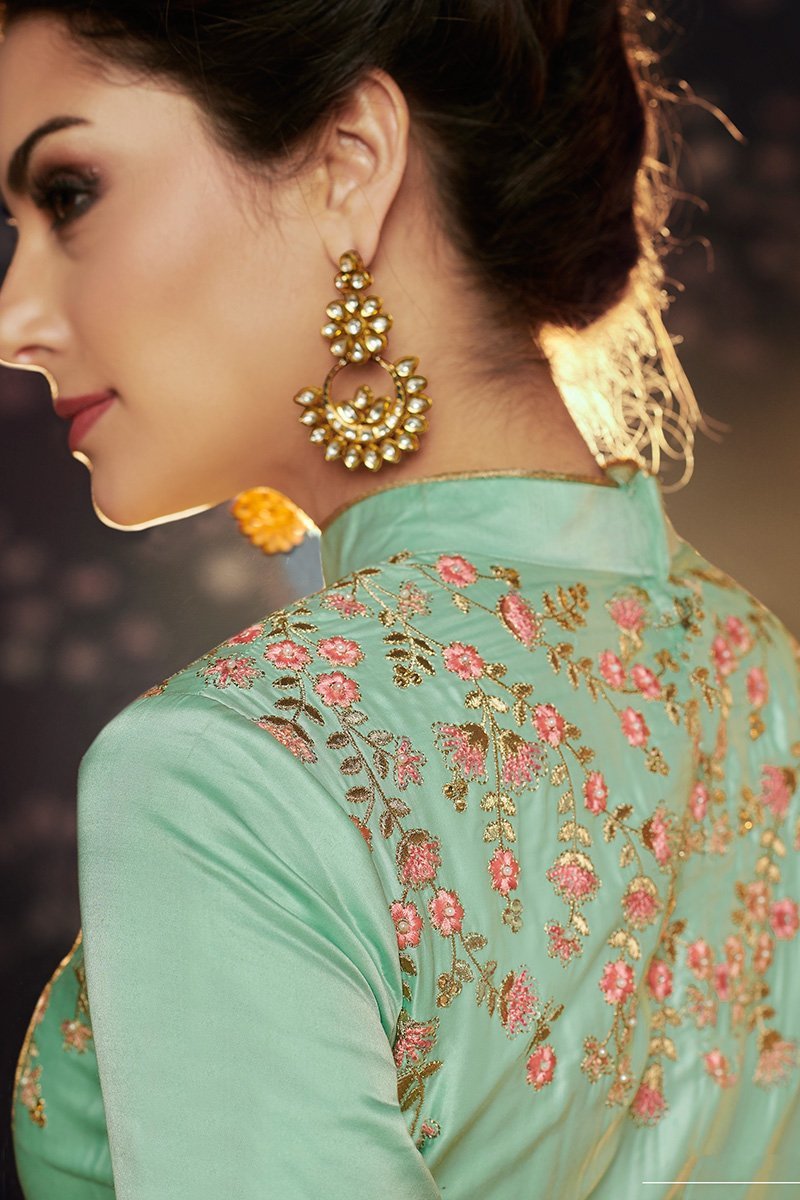 Sea Green Net and Brocade Party Wear Gown