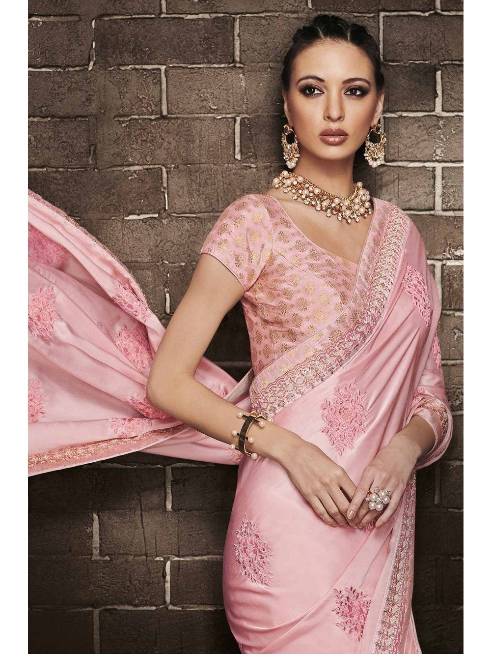 Pink Embroidered Designer Muslin Satin Saree